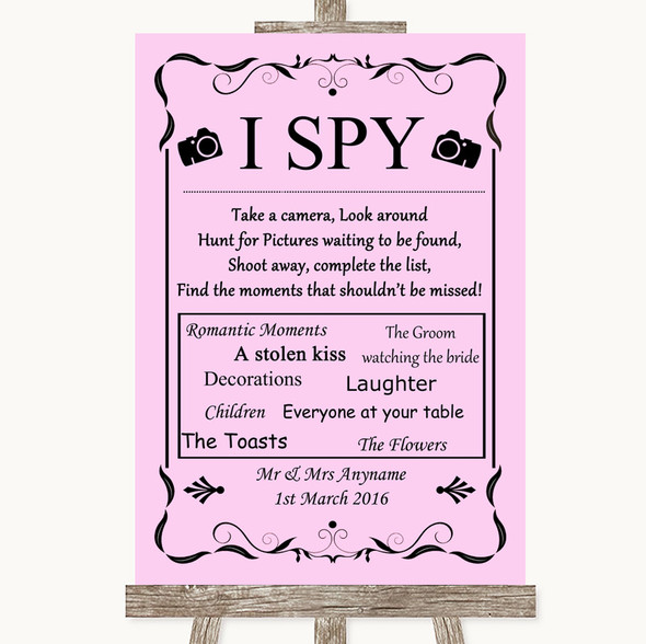 Pink I Spy Disposable Camera Personalised Wedding Sign