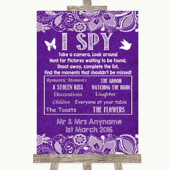Purple Burlap & Lace I Spy Disposable Camera Personalised Wedding Sign