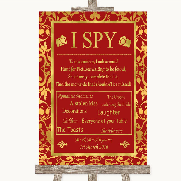 Red & Gold I Spy Disposable Camera Personalised Wedding Sign