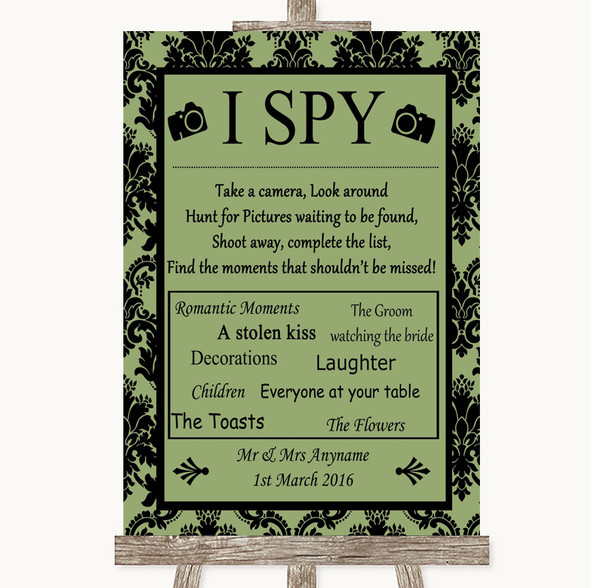 Sage Green Damask I Spy Disposable Camera Personalised Wedding Sign