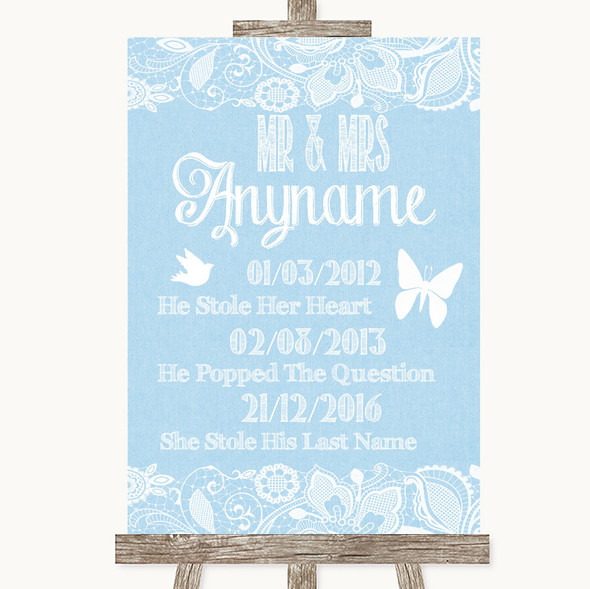 Blue Burlap & Lace Important Special Dates Personalised Wedding Sign