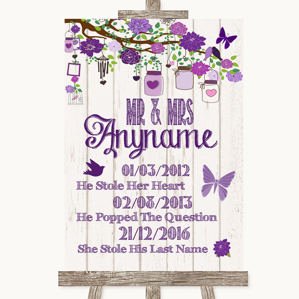 Purple Rustic Wood Important Special Dates Personalised Wedding Sign