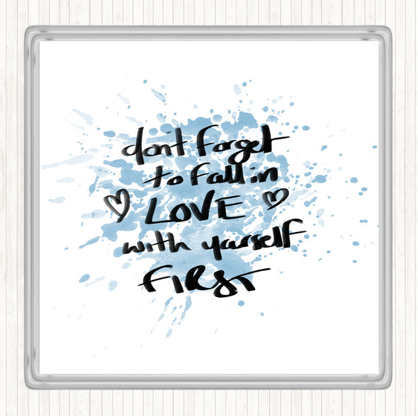 Blue White Fall In Love With Yourself Inspirational Quote Drinks Mat Coaster