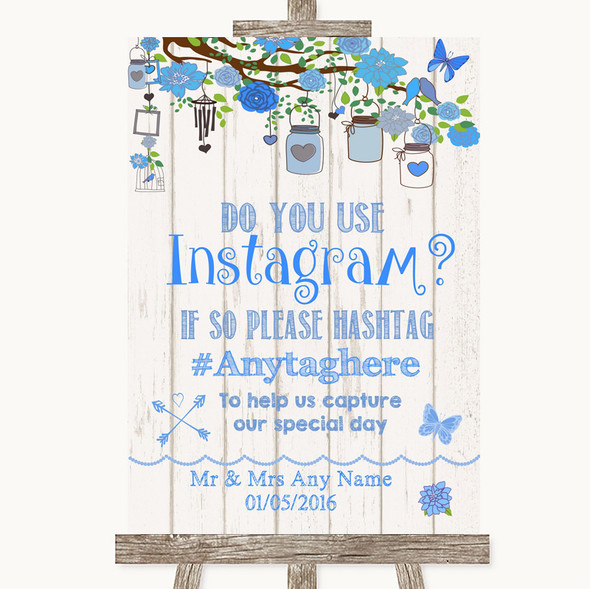 Blue Rustic Wood Instagram Photo Sharing Personalised Wedding Sign