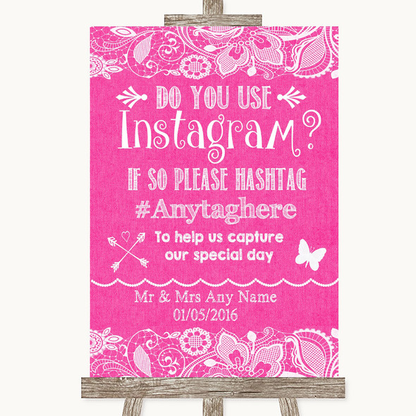 Bright Pink Burlap & Lace Instagram Photo Sharing Personalised Wedding Sign