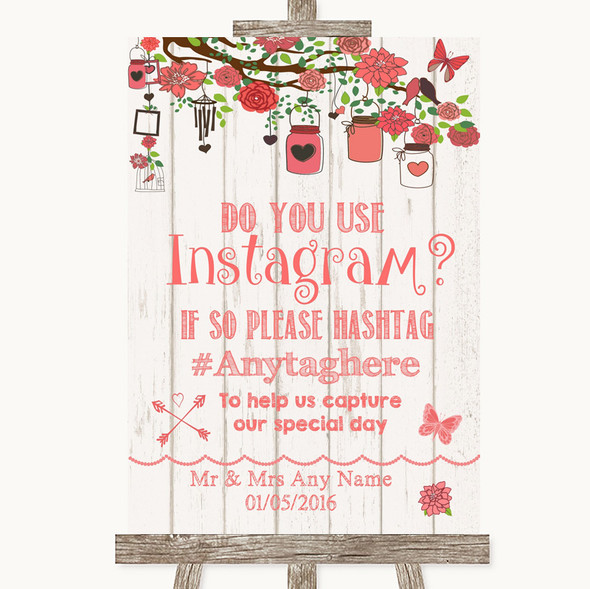 Coral Rustic Wood Instagram Photo Sharing Personalised Wedding Sign
