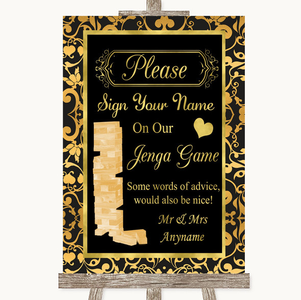 Black & Gold Damask Jenga Guest Book Personalised Wedding Sign