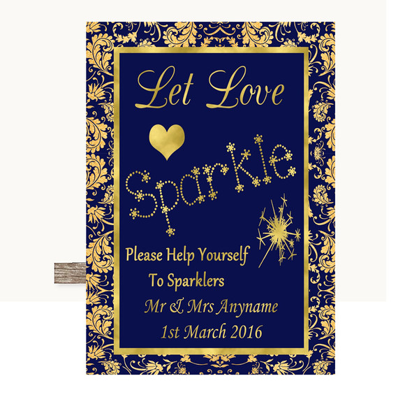 Blue & Gold Let Love Sparkle Sparkler Send Off Personalised Wedding Sign
