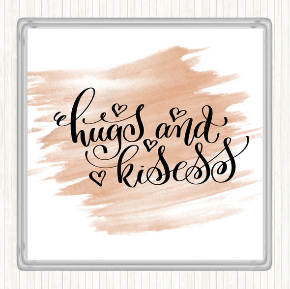 Watercolour Hugs And Kisses Quote Drinks Mat Coaster
