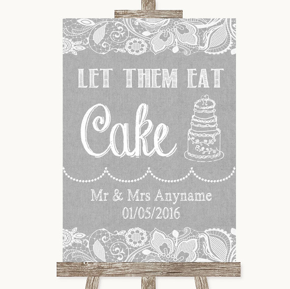 Grey Burlap & Lace Let Them Eat Cake Personalised Wedding Sign