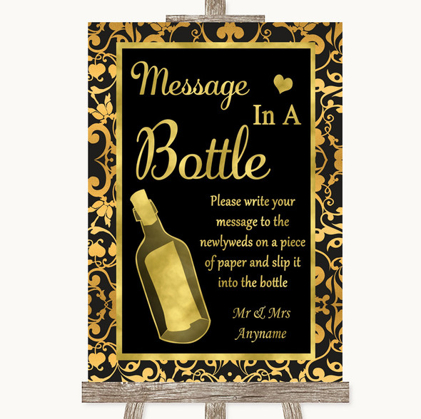 Black & Gold Damask Message In A Bottle Personalised Wedding Sign