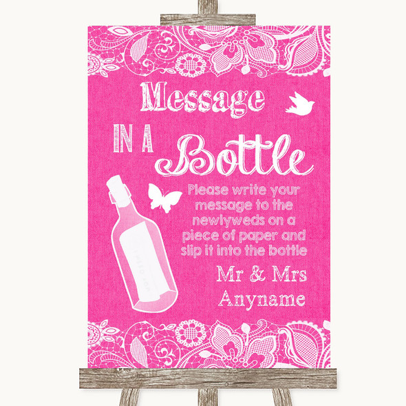 Bright Pink Burlap & Lace Message In A Bottle Personalised Wedding Sign