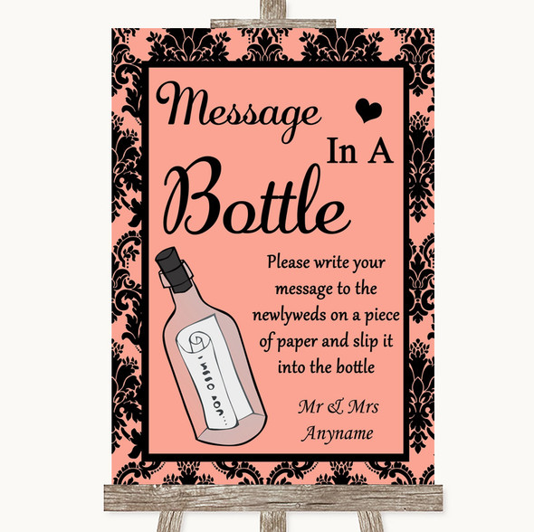 Coral Damask Message In A Bottle Personalised Wedding Sign