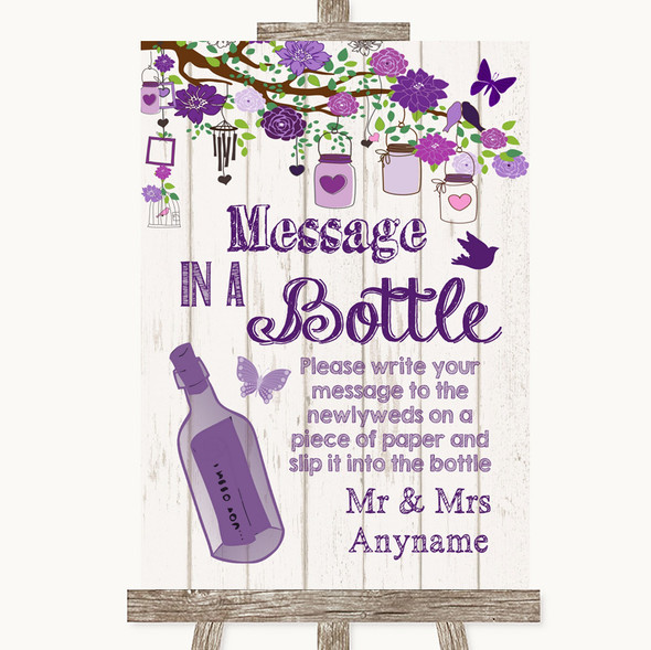 Purple Rustic Wood Message In A Bottle Personalised Wedding Sign