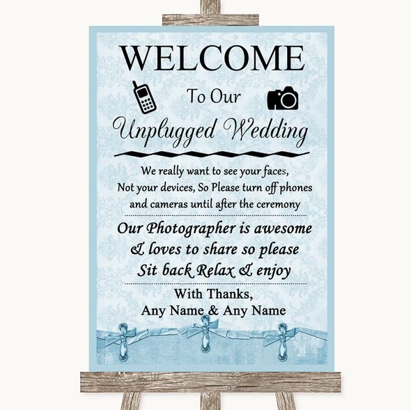 Blue Shabby Chic No Phone Camera Unplugged Personalised Wedding Sign