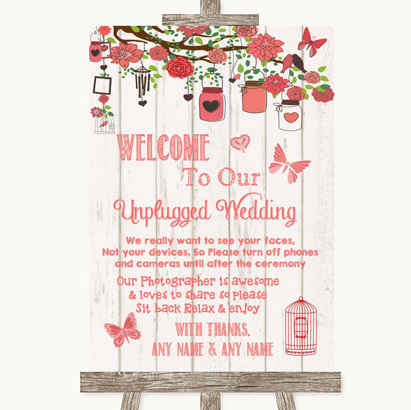 Coral Rustic Wood No Phone Camera Unplugged Personalised Wedding Sign