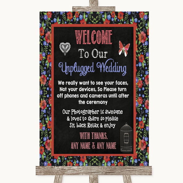 Floral Chalk No Phone Camera Unplugged Personalised Wedding Sign