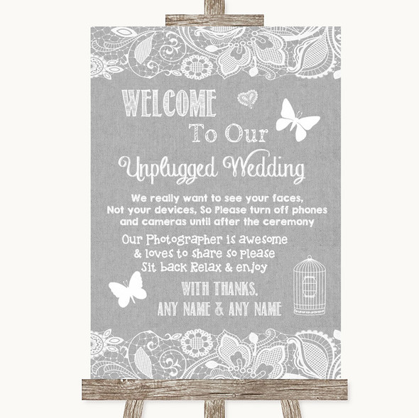 Grey Burlap & Lace No Phone Camera Unplugged Personalised Wedding Sign