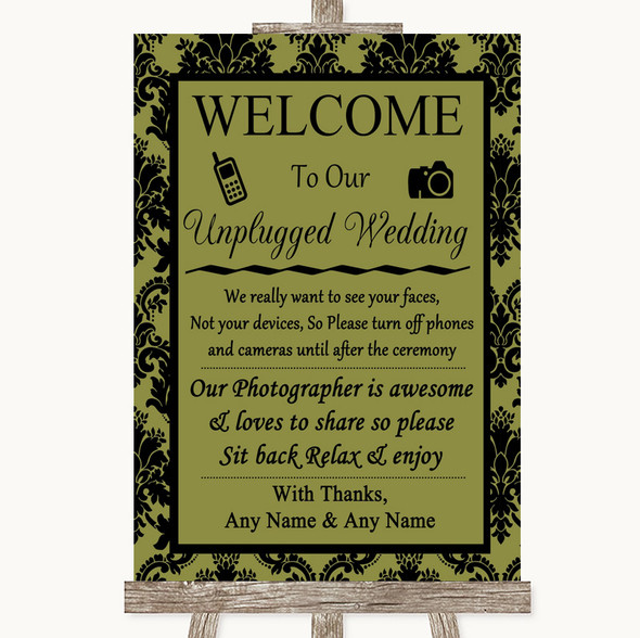 Olive Green Damask No Phone Camera Unplugged Personalised Wedding Sign