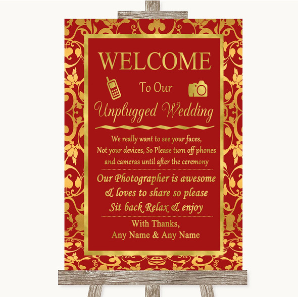 Red & Gold No Phone Camera Unplugged Personalised Wedding Sign