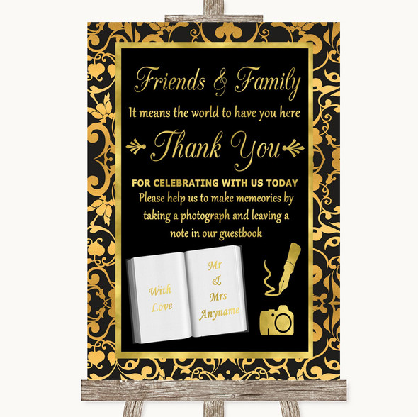 Black & Gold Damask Photo Guestbook Friends & Family Personalised Wedding Sign