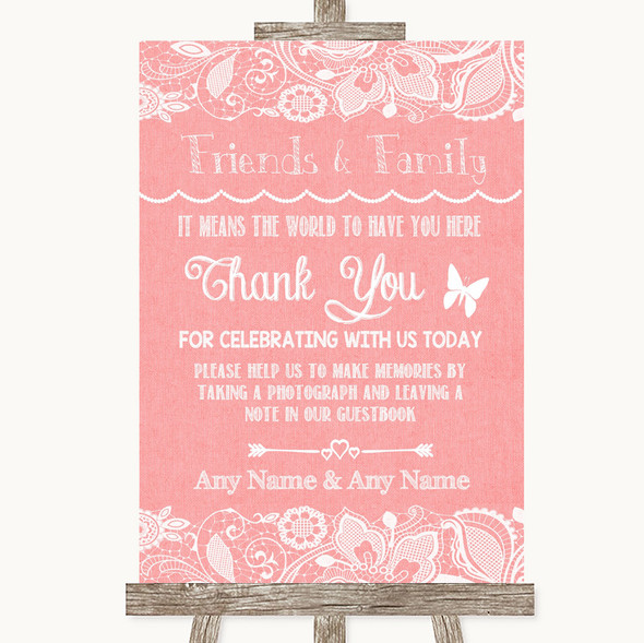 Coral Burlap & Lace Photo Guestbook Friends & Family Personalised Wedding Sign