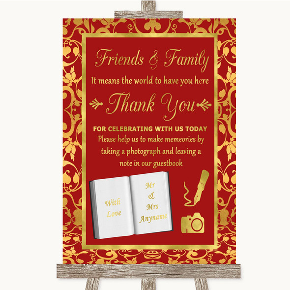 Red & Gold Photo Guestbook Friends & Family Personalised Wedding Sign