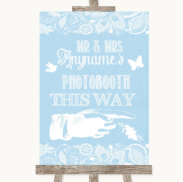 Blue Burlap & Lace Photobooth This Way Right Personalised Wedding Sign