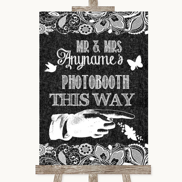 Dark Grey Burlap & Lace Photobooth This Way Right Personalised Wedding Sign