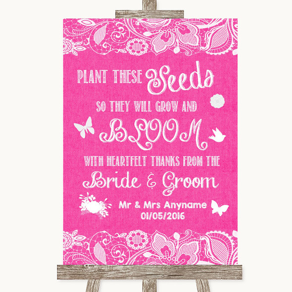 Bright Pink Burlap & Lace Plant Seeds Favours Personalised Wedding Sign