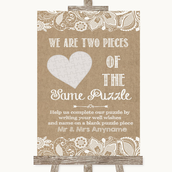 Burlap & Lace Puzzle Piece Guest Book Personalised Wedding Sign