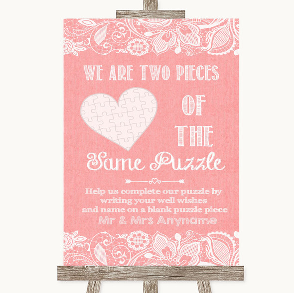 Coral Burlap & Lace Puzzle Piece Guest Book Personalised Wedding Sign
