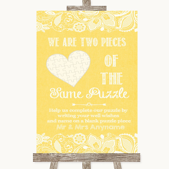 Yellow Burlap & Lace Puzzle Piece Guest Book Personalised Wedding Sign