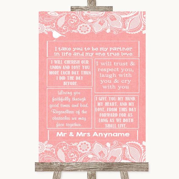 Coral Burlap & Lace Romantic Vows Personalised Wedding Sign