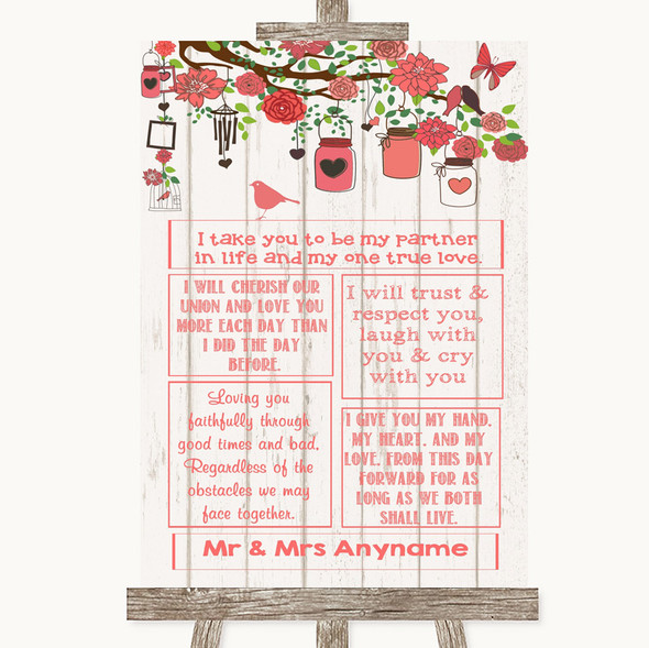 Coral Rustic Wood Romantic Vows Personalised Wedding Sign