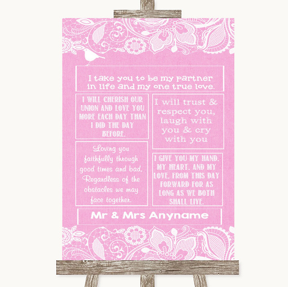 Pink Burlap & Lace Romantic Vows Personalised Wedding Sign