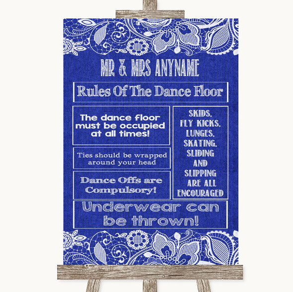 Navy Blue Burlap & Lace Rules Of The Dance Floor Personalised Wedding Sign
