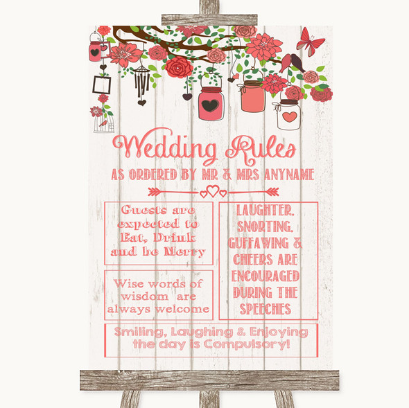 Coral Rustic Wood Rules Of The Wedding Personalised Wedding Sign