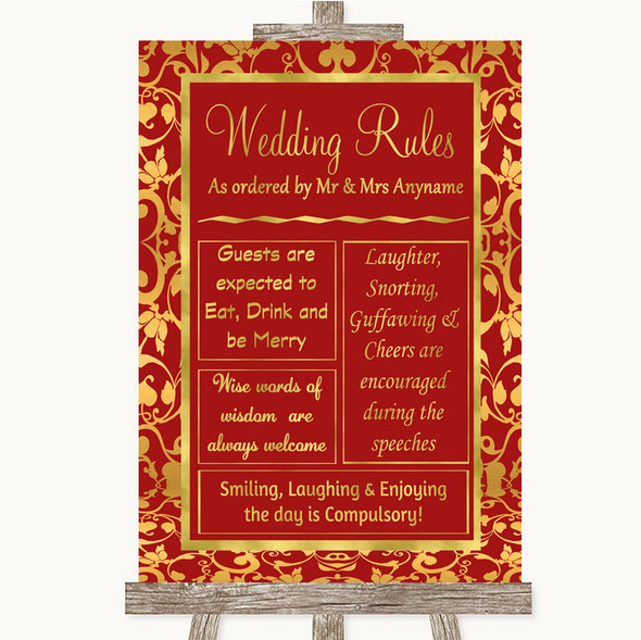 Red & Gold Rules Of The Wedding Personalised Wedding Sign