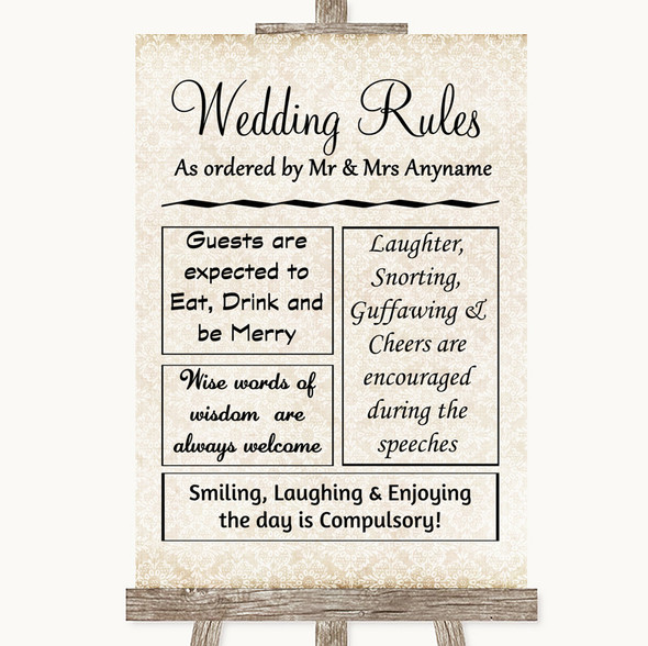 Shabby Chic Ivory Rules Of The Wedding Personalised Wedding Sign