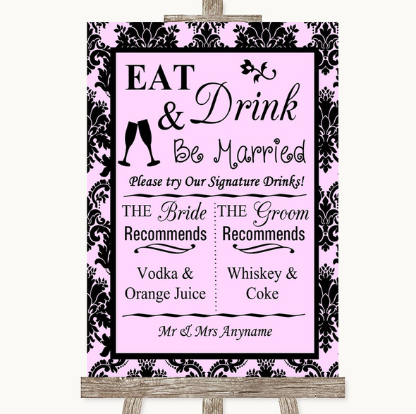 Baby Pink Damask Signature Favourite Drinks Personalised Wedding Sign