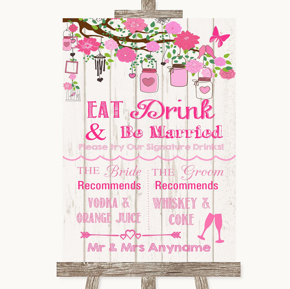 Pink Rustic Wood Signature Favourite Drinks Personalised Wedding Sign