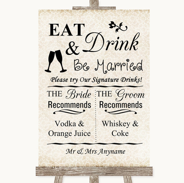 Shabby Chic Ivory Signature Favourite Drinks Personalised Wedding Sign