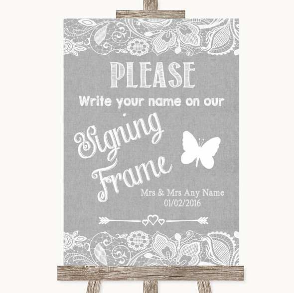 Grey Burlap & Lace Signing Frame Guestbook Personalised Wedding Sign