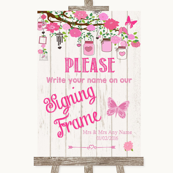 Pink Rustic Wood Signing Frame Guestbook Personalised Wedding Sign