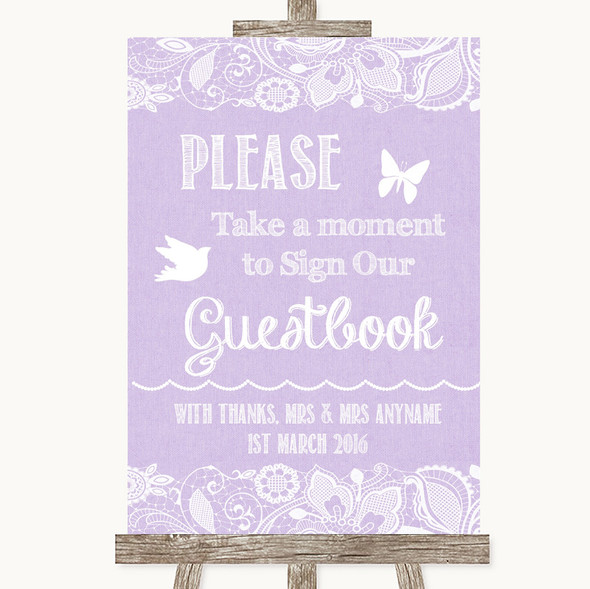 Lilac Burlap & Lace Take A Moment To Sign Our Guest Book Wedding Sign