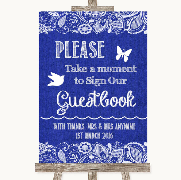 Navy Blue Burlap & Lace Take A Moment To Sign Our Guest Book Wedding Sign