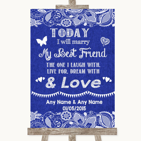 Navy Blue Burlap & Lace Today I Marry My Best Friend Personalised Wedding Sign