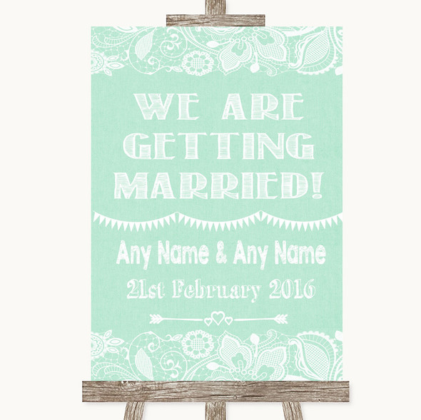 Green Burlap & Lace We Are Getting Married Personalised Wedding Sign