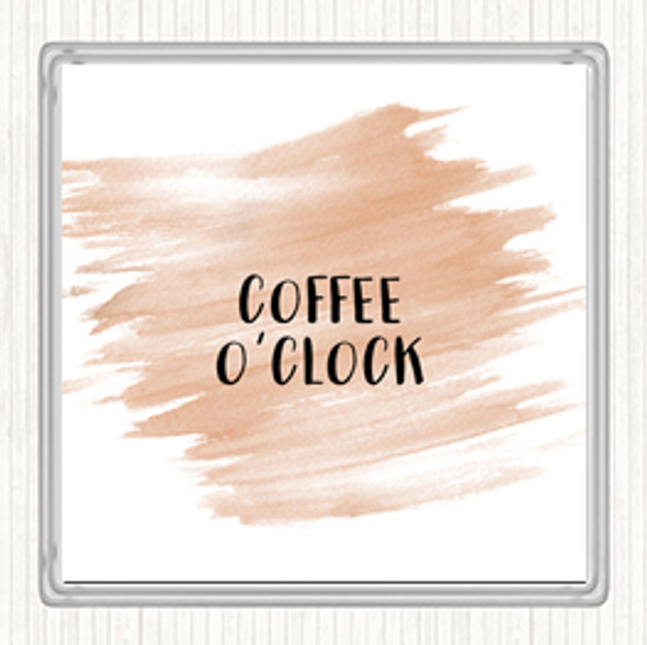 Watercolour Coffee O'clock Quote Drinks Mat Coaster